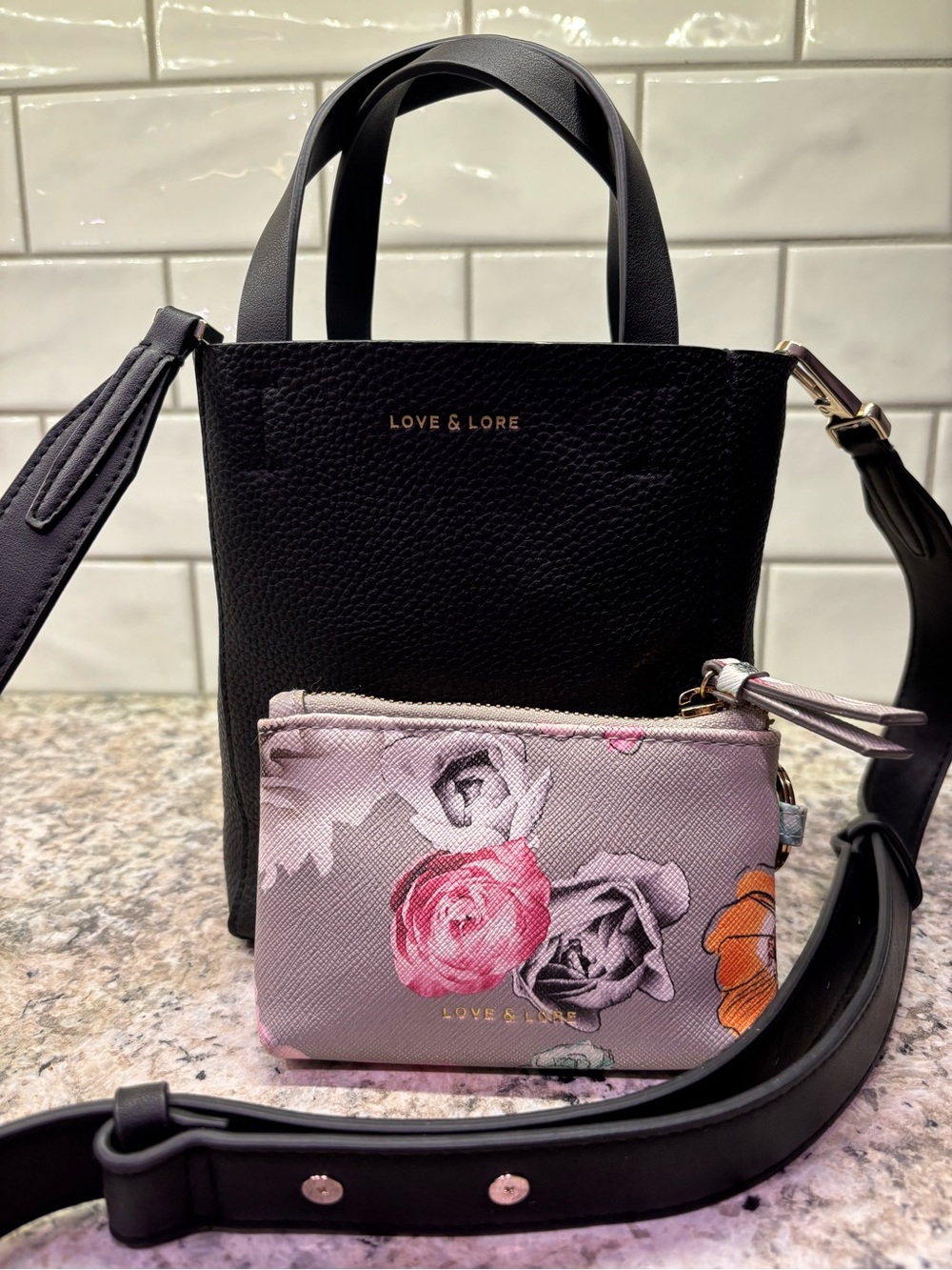 Love & Lore Black Mini Tote Crossbody & Floral Wallet Set